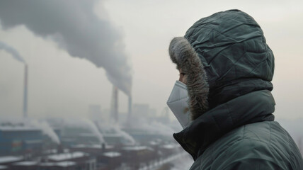 Person in Gas Mask Confronts Industrial Smoke Emissions. Air Pollution Crisis - obrazy, fototapety, plakaty