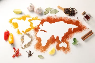 Gordijnen World map of different spices and products on white textured table, flat lay © New Africa