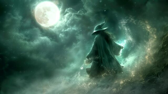 Animated witch background at night with full moon. seamless looping 4k time-lapse animation video background