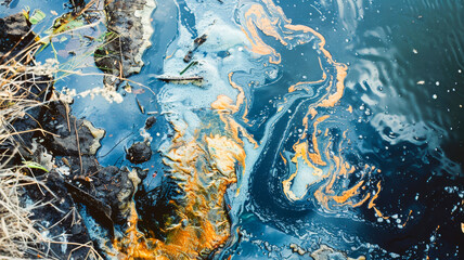 River Pollution. People Fishing Amidst Plastic Waste and Colorful Fish in Polluted Waters

