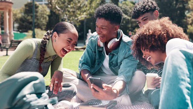 Campus, nature and group of students with smartphone for meme, funny post or comic blog update. Diversity, friends and laugh with digital technology for networking, joke or message at university