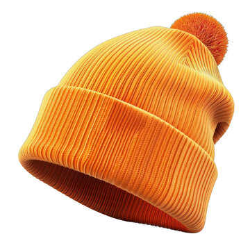 Orange knitted hat on white background. Cozy winter accessory in vibrant hue