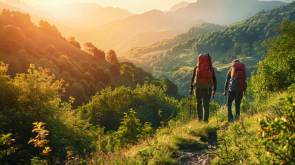 Adventure Trekking. Hikers Exploring Scenic Mountain Trail at Sunrise - obrazy, fototapety, plakaty