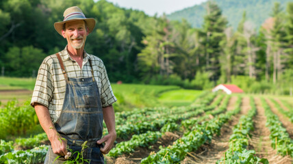 Happy farmer in the orchard, with hat and plaid shirt. Organic farm surrounded by mountains, natural lighting.