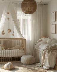 Furniture, Wood, Textile, and Comfort in a babys room with crib, bed, canopy - obrazy, fototapety, plakaty