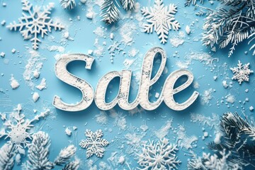 Winter sale concept with glittery text and seasonal decorations on a turquoise background