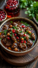 Persian Fesenjan Pomegranate Walnut Stew, Delicious food style, Horizontal top view from above