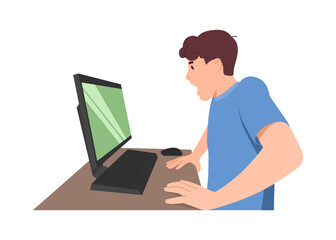 Man angry at his computer. Boss complains to his subordinates about the employees working late. Flat style vector