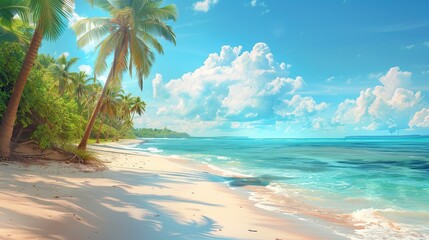 Beautiful tropical beach banner. White sand and coco palms travel tourism wide panorama background concept. Amazing beach landscape - obrazy, fototapety, plakaty