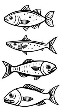 Set Four Isolated Black Line 2d Cartoon Fish Clipart  Illustrations Transparent Background