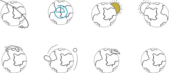 A set of icons or pictures in the form of a planet and additional elements. Other objects include a space satellite, the sun, asteroids, an airplane and a sea ship.