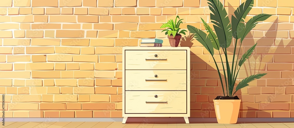 Wall mural A wood dresser with three drawers sits against a brick wall, with a potted plant adding a touch of greenery to the scene