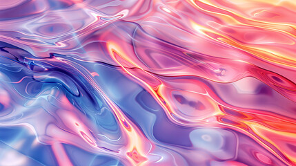 3D render of fluid liquid waves, pastel colors of blue, pink, purple and orange, glowing light...