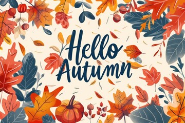 Autumnal 'Hello Autumn' Calligraphy Surrounded by a Rich Tapestry of Fall Leaves, Acorns, and Berries