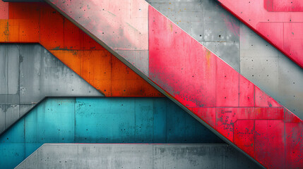 Abstract colorful geometric background concrete wall, red, teal, and orange