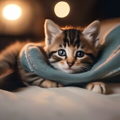 A sleepy kitten nestled in a cozy bed, with a paw tucked under its chin3