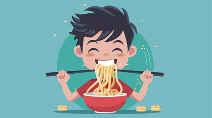 Cute boy eat noodle flat icon illustration vector g
