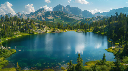 Beautiful lake in the mountains surrounded by steep peaks and green pine trees
