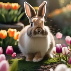 Fototapeta premium A fluffy bunny with soft fur, hopping through a garden of tulips4