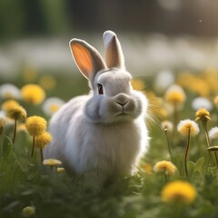 Fototapeta premium A fluffy bunny with long ears, hopping through a field of dandelions3