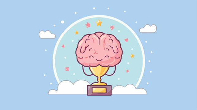 Cute brain champion with trophy illustration vector
