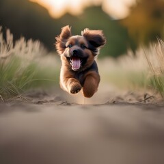 A happy puppy with a wagging tail, running through a field of tall grass2