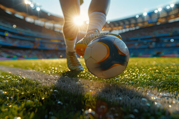 Close-up of boot kicking soccer ball in a large stadium. Generative AI. - obrazy, fototapety, plakaty