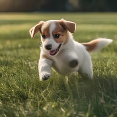 A happy puppy with a wagging tail, playing with a ball in a grassy field4