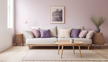 A cozy living room with a soft pink sofa a coffee table a lamp and a vase of flowers