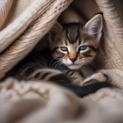 A sleepy kitten curled up in a cozy bed, with a paw draped over its face2
