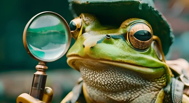 A frog wearing detective gear, magnifying glass in hand,