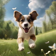 A happy puppy with a wagging tail, chasing a butterfly in a sunlit meadow5 - obrazy, fototapety, plakaty