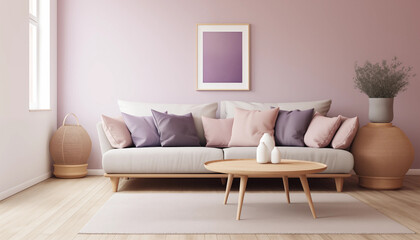 Modern living room interior with sofa coffee table and decorations in pastel colors 3d render