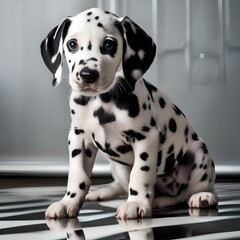 A playful Dalmatian puppy with a spotted coat, chasing its own reflection in a mirror5