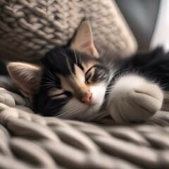 A sleepy kitten curled up in a cozy bed, with a paw draped over its face1