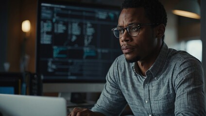 Pensive African American man in glasses distracted from computer work look in distance thinking or pondering, thoughtful biracial male lost in thoughts make plans visualizing, business vision concept - Powered by Adobe