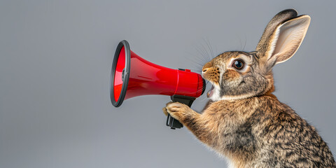 Rabbit announcing using megaphone. Notifying, warning, announcement.