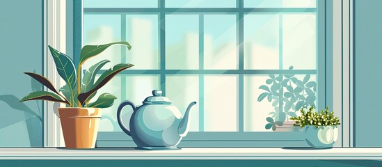 A houseplant and a teapot sit on a window sill, while a bird chirps outside. The teapot is among other tableware and the plant is in need of water