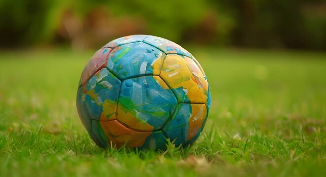 A soccer ball painted like a globe, suggesting play and learning go hand in hand,