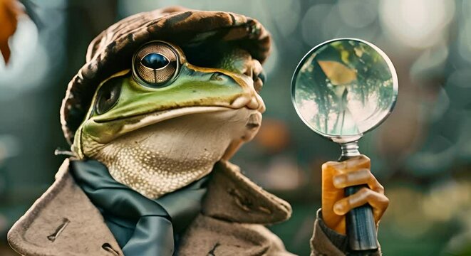 A frog wearing detective gear, magnifying glass in hand,