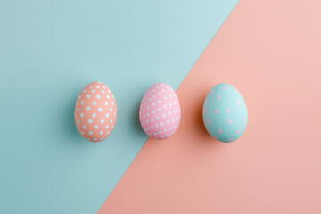 Pastel Easter eggs, polka dot pattern, spring holiday decoration against duo-tone background with copy space