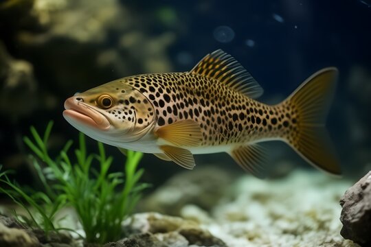 Closeup of brown trout fish, Salmo trutta fario in the aquarium