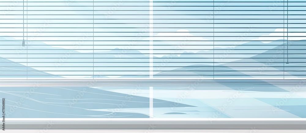 Poster a rectangular window with aqua blinds showing a reflection of a building in shades of azure. the win