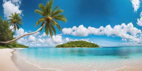 Beautiful palm tree on tropical island beach on background blue sky with white clouds and turquoise ocean on sunny day. Perfect natural landscape for summer vacation