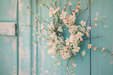 Faux spring blossom branch, soft pastels, delicate floral arrangement against vintage teal door