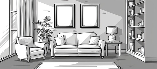 A monochrome sketch showcasing a cozy living room interior design with a couch, chairs, a picture frame on the wall, a rectangular window, and a plant in a flowerpot