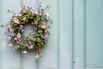 Fototapeta na wymiar Floral wreath on door, vibrant spring flowers, festive home decoration, welcoming entrance