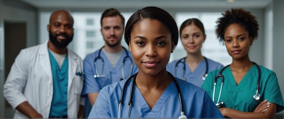 Positive beautiful young African American medical employee woman in blue uniform posing for professional portrait with positive team of doctors behind, looking at camera with hands crossed - Powered by Adobe