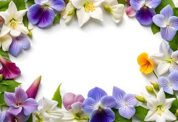 Keuken spatwand met foto Beautiful elegant border frame of wet jasmine lily hollyhocks pansy periwinkle and lavender flowers © Spring of Sheba