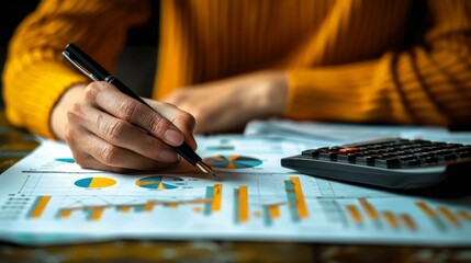 Person analyzing financial charts with pen and calculator, focus on hands and documents. - obrazy, fototapety, plakaty